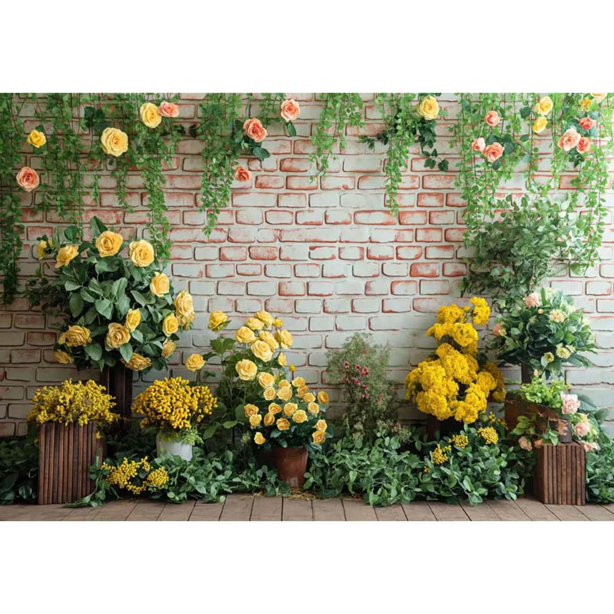 

Allenjoy Spring Yellow Flowers Brick Wall Backdrop