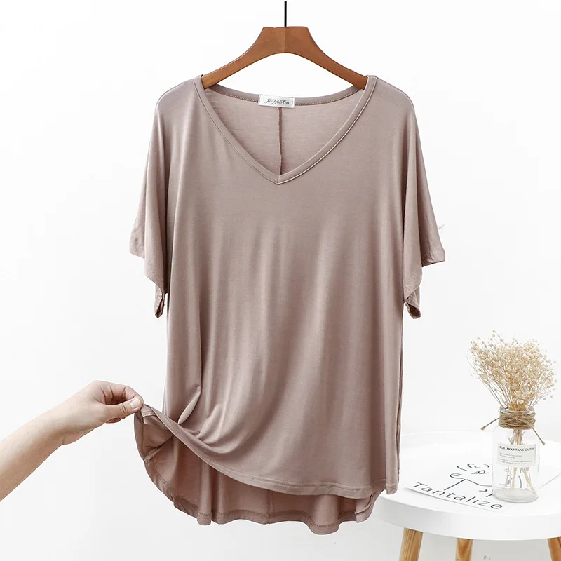 Plus size V-Neck Tshirt Solid color Women's casual T-shirt Short sleeves High-low Tee Tops all match