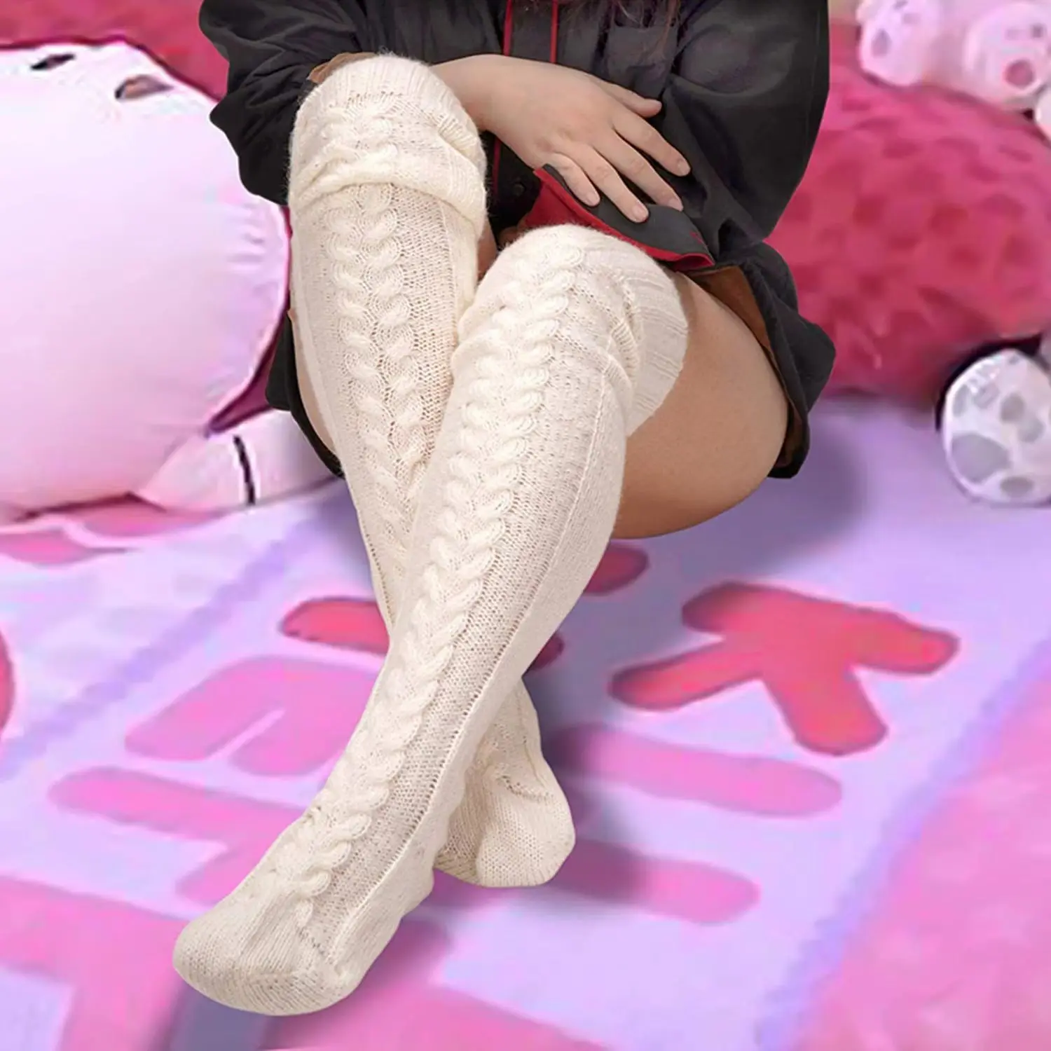 1 COPPIA di calzini invernali lavorati a maglia da donna, caldi sopra il ginocchio, calzini impilabili estesi