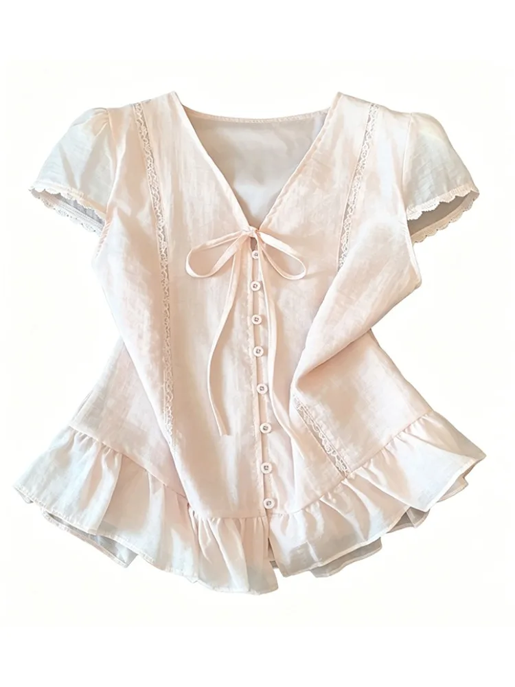 

Sweet Soft Pink Lace Trim Knot Short Sleeve Shirt Women's Summer 2026 New Style Versatile Breathable Polyester Fiber