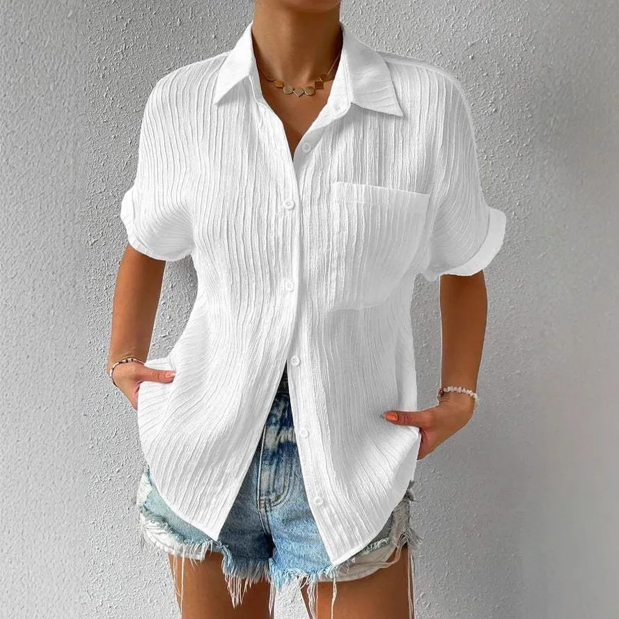 

2026 splicing pocket short sleeve solid color temperament casual lapel shoulder sleeve shirt short sleeve women's clothing