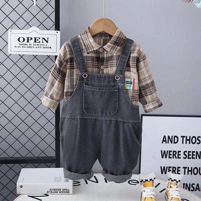 Fall Boys Plaid Shirt & Denim Overalls 2-Piece Set Toddler Outfit 1-6 Years Autumn Winter Fashionable Kids Casual Jumpsuit
