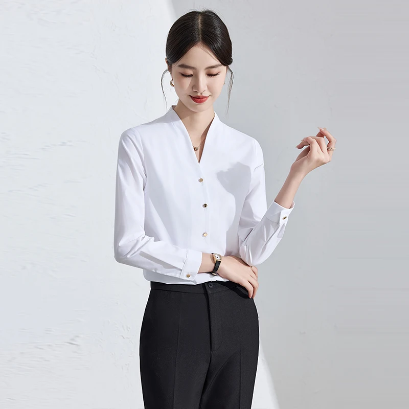 

Fashion Simple White Shirt Women Fall New OL Commuter Single-breasted Long-sleeved V-neck Chiffon Shirt Elegant Solid Color Top