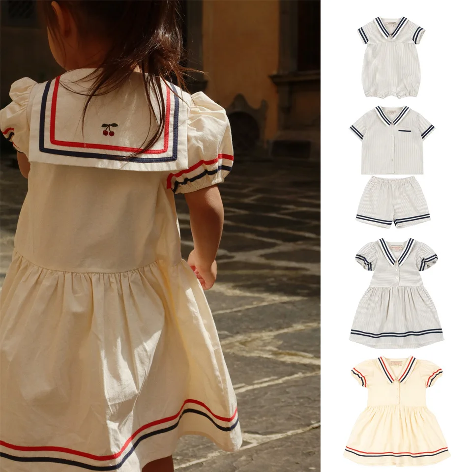

2026 KS Summer Baby Girls Cotton Preppy Style Dresses Navy-style Boys T Shirts Pants Shorts Sets Kids Clothes Baby Briefs Romper