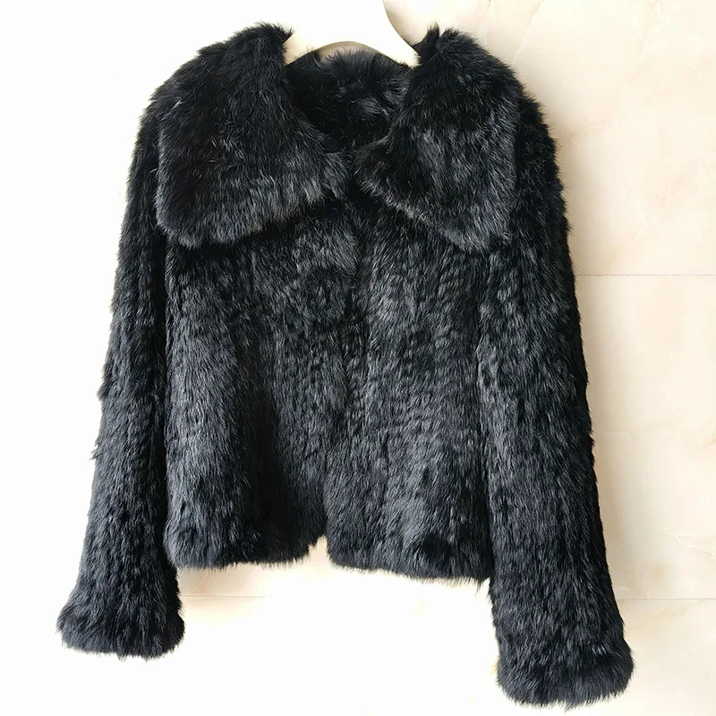 

2026 Winter Women Knitted Real Rabbit Fur Coat High Quality Short Long Sleeve Big Collar Female Jacket Women Warm Outwear