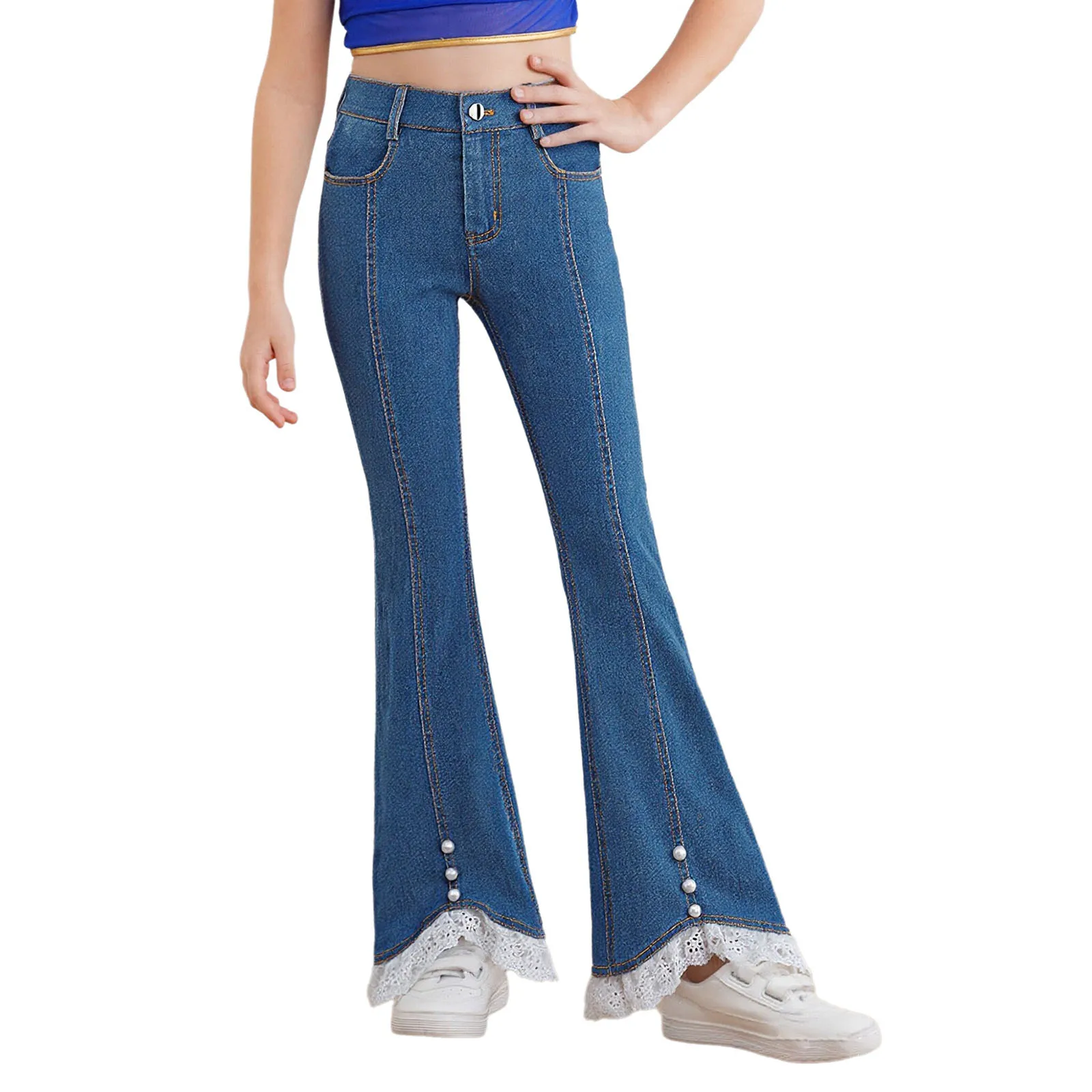 

Kids Girls Denim Pants Lace Hem Flared Jeans Trousers Spring Autumn Elastic Waist Bell-Bottom Pants with Pockets Casual Clothing
