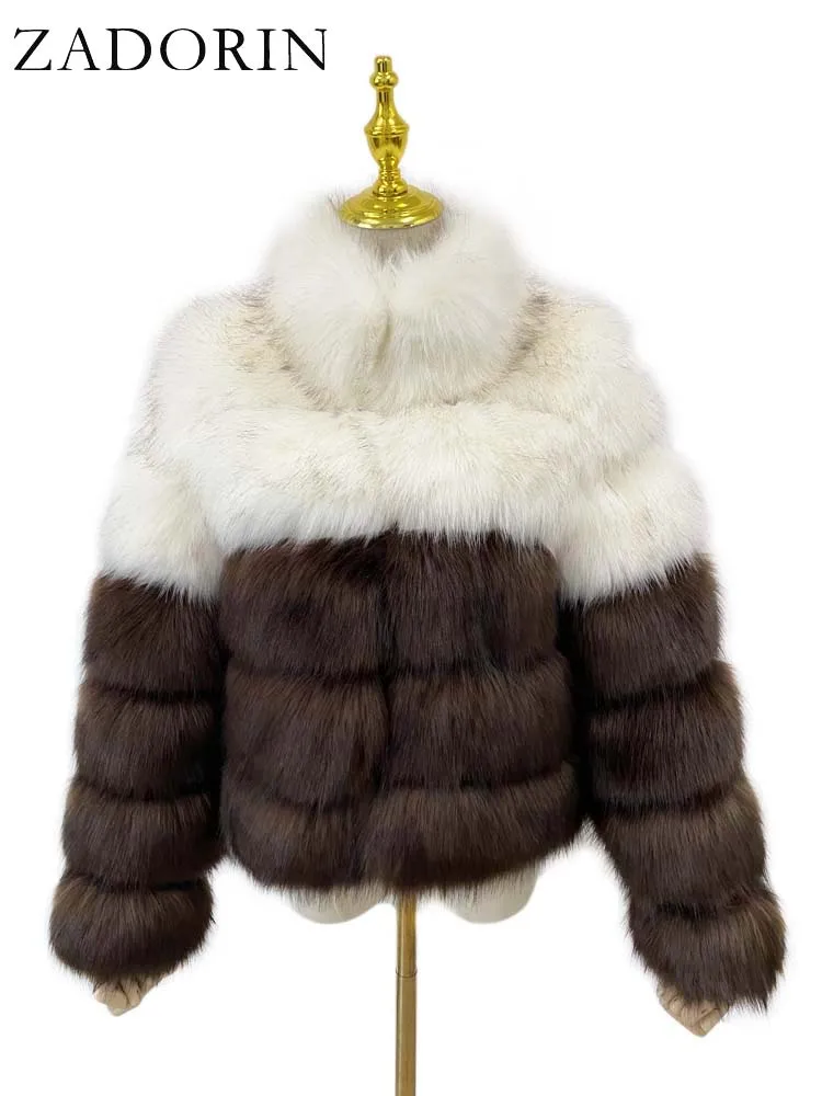 ZADORIN New Designer Women Winter Coat 2024 Stand Collar Contrast Colors Warm Fluffy Faux Fox Fur Coat Women Fur Jacket Coats