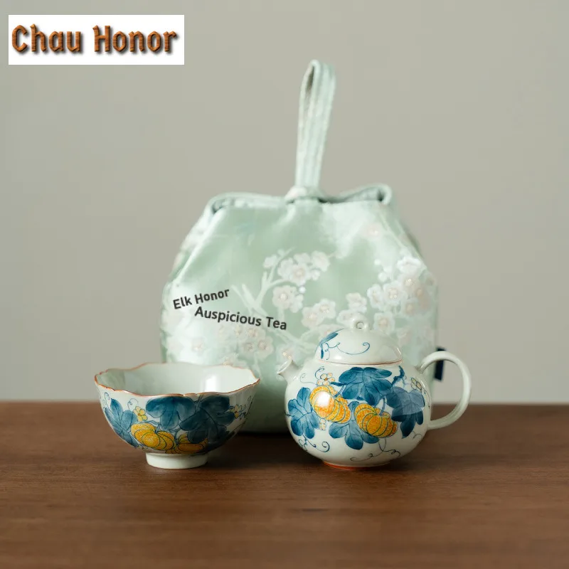 

Ручная роспись тыквы, дорожный чайный сервиз, роскошный 1 горшок, 1 чашка, органайзер для чайника, портативные пакеты для пикника, принадлежности для чайной посуды, подарок