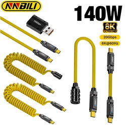 NNBILI USB 3.2 20Gbps Type C to Type C ThunderBolt Spring Retractable Cable PD3.1 140W 5A USB-C Cord For MacBook Samsung Xiaomi