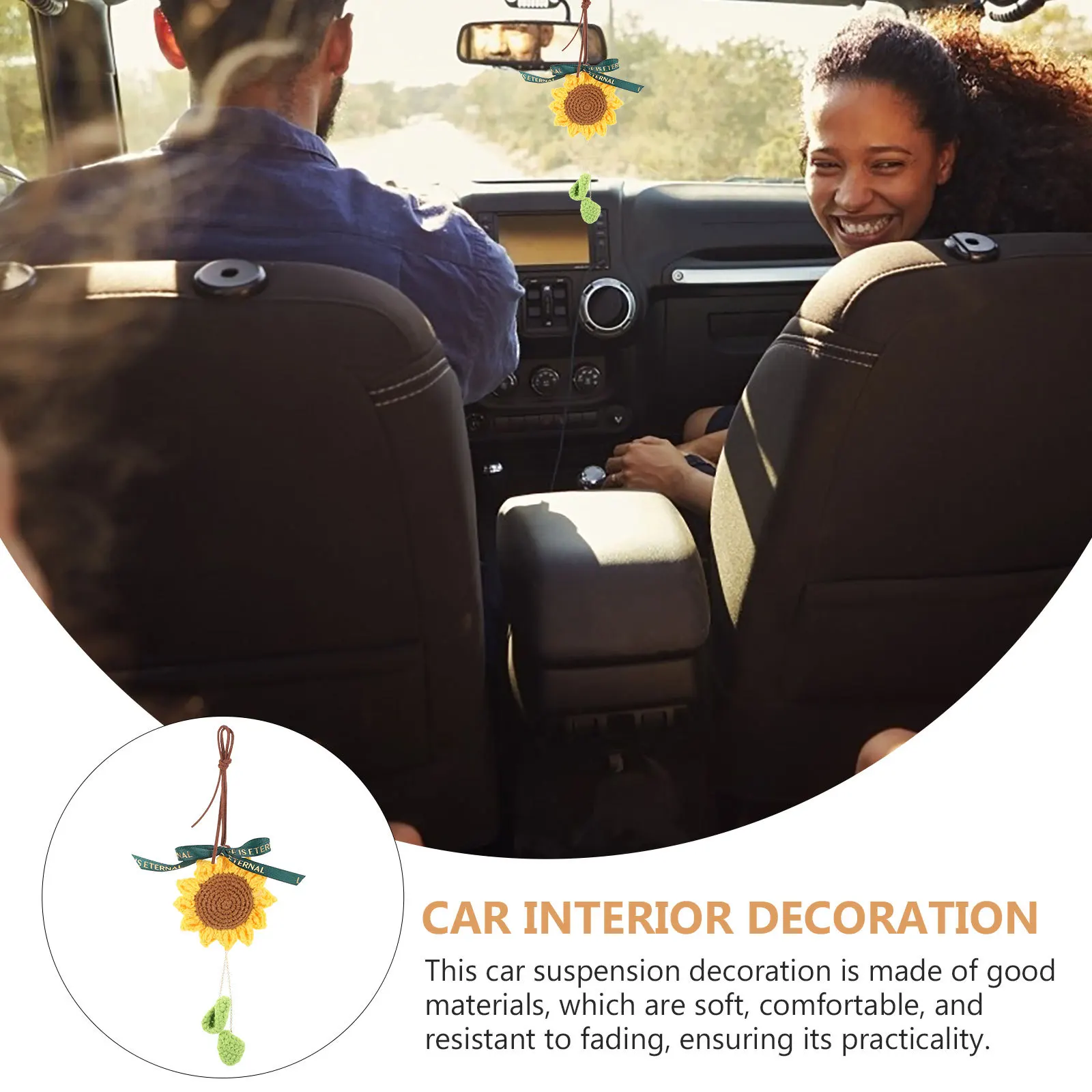 

Hand Knitted Sunflower Car Hanging Ornament Fade Resistant Crochet Flower for Car Mirror Decor Interior Accessories