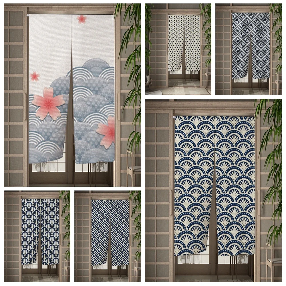 Japanese Style Noren Curtain With Cherry Blossom Wave Pattern Decorative Door Panel For Living Room Bedroom Home Decor Curtains