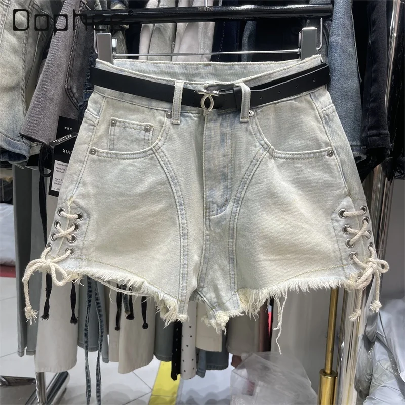 

Washed Blue Lace Up Denim Shorts for Women Tassels Wide Leg High Waist A Line Jeans Shorts Streetwear Korean Style Black