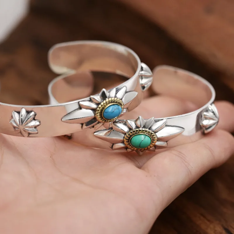 S925 sterling silver ornament Japan trendy jewelry ornament punk simple turquoise glossy flower bud open-ended bracelet