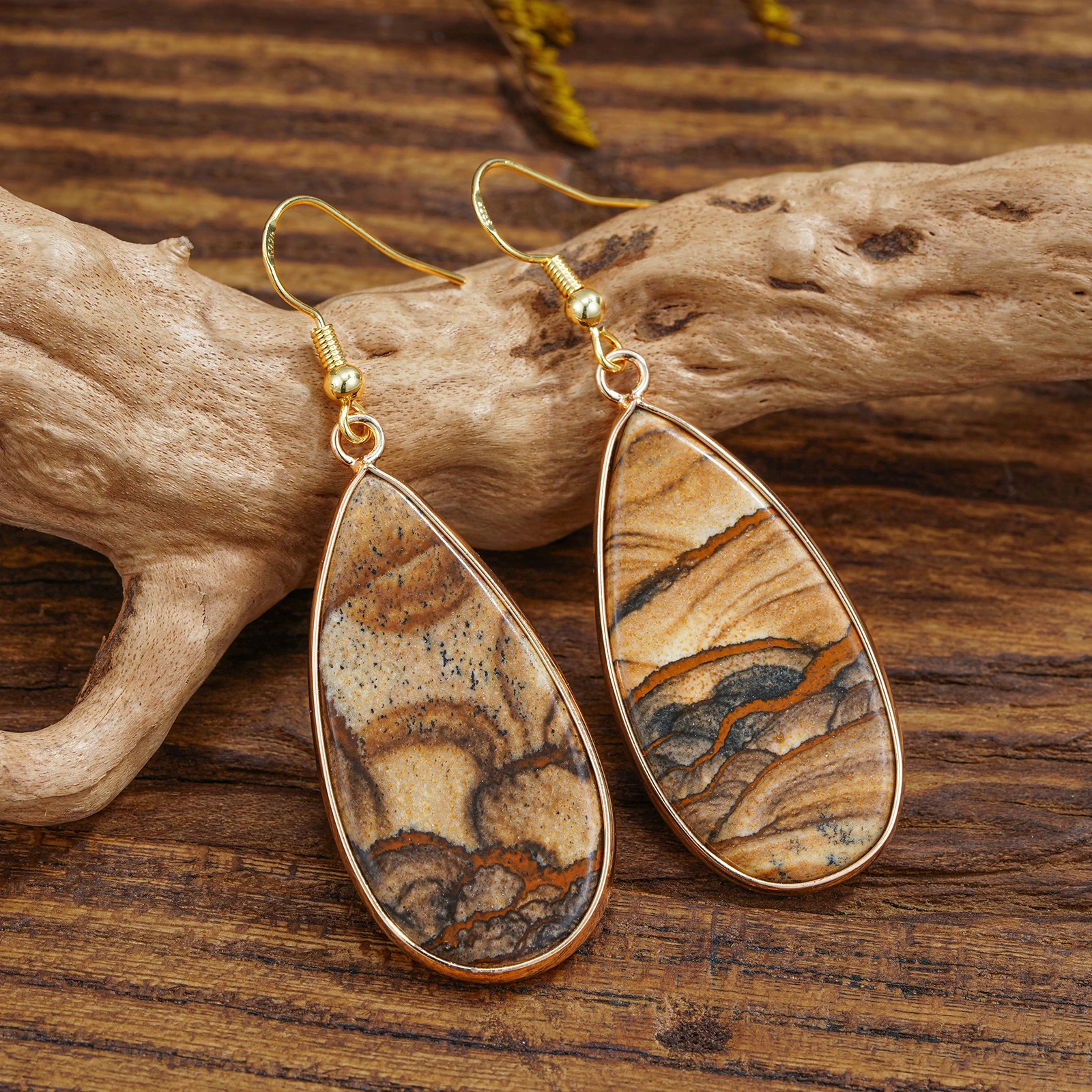 Boho Unique Natural Landscape Patterns Picture Jasper Stone Dangle Earrings Water Drop Design Earthy Beauty Stone Earrings