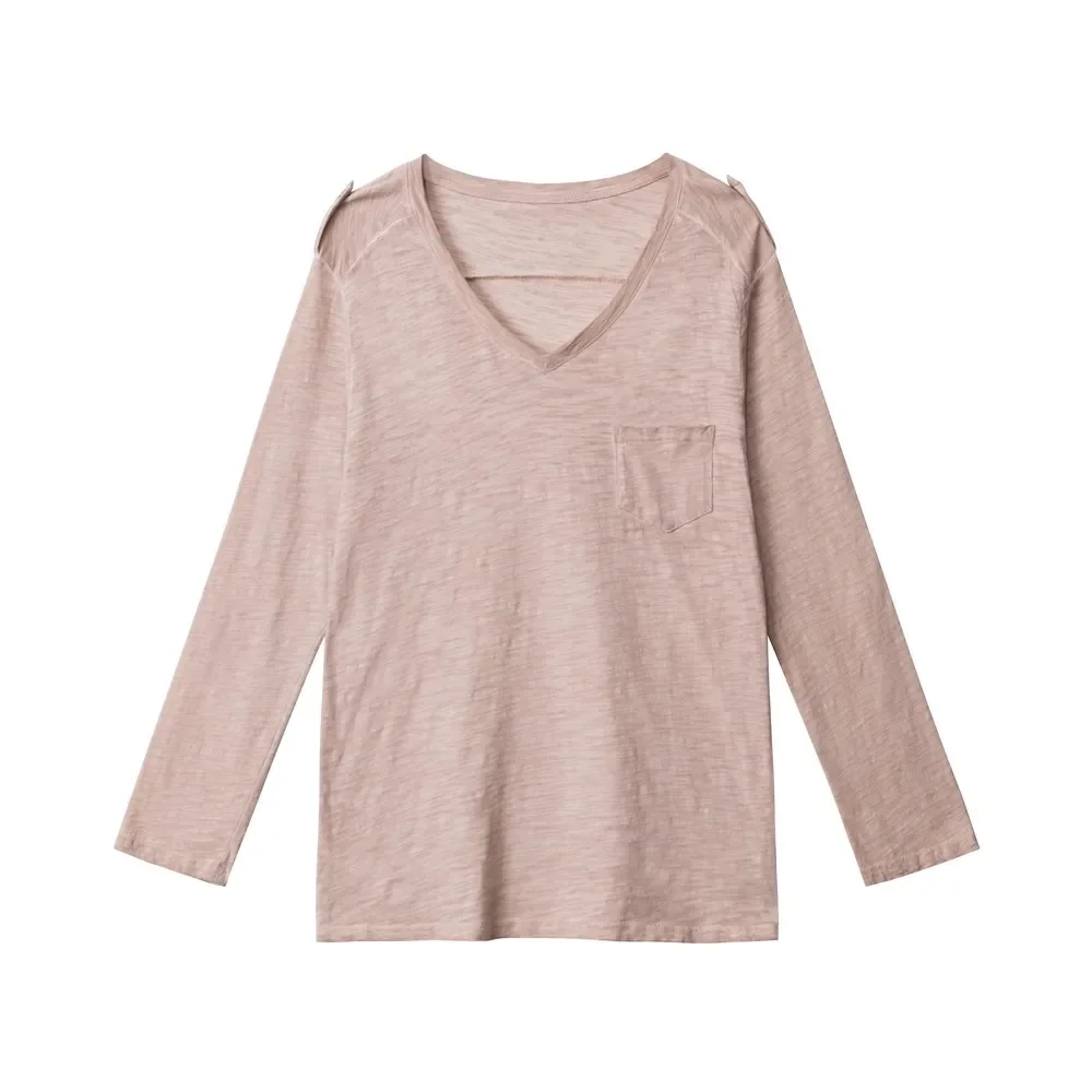 

Distressed Sloth Washed Vneck Womens Girl's Pink Tees Winter Autumn Bodywear Gothic T-shirts Long Sleeve Elegant Tops