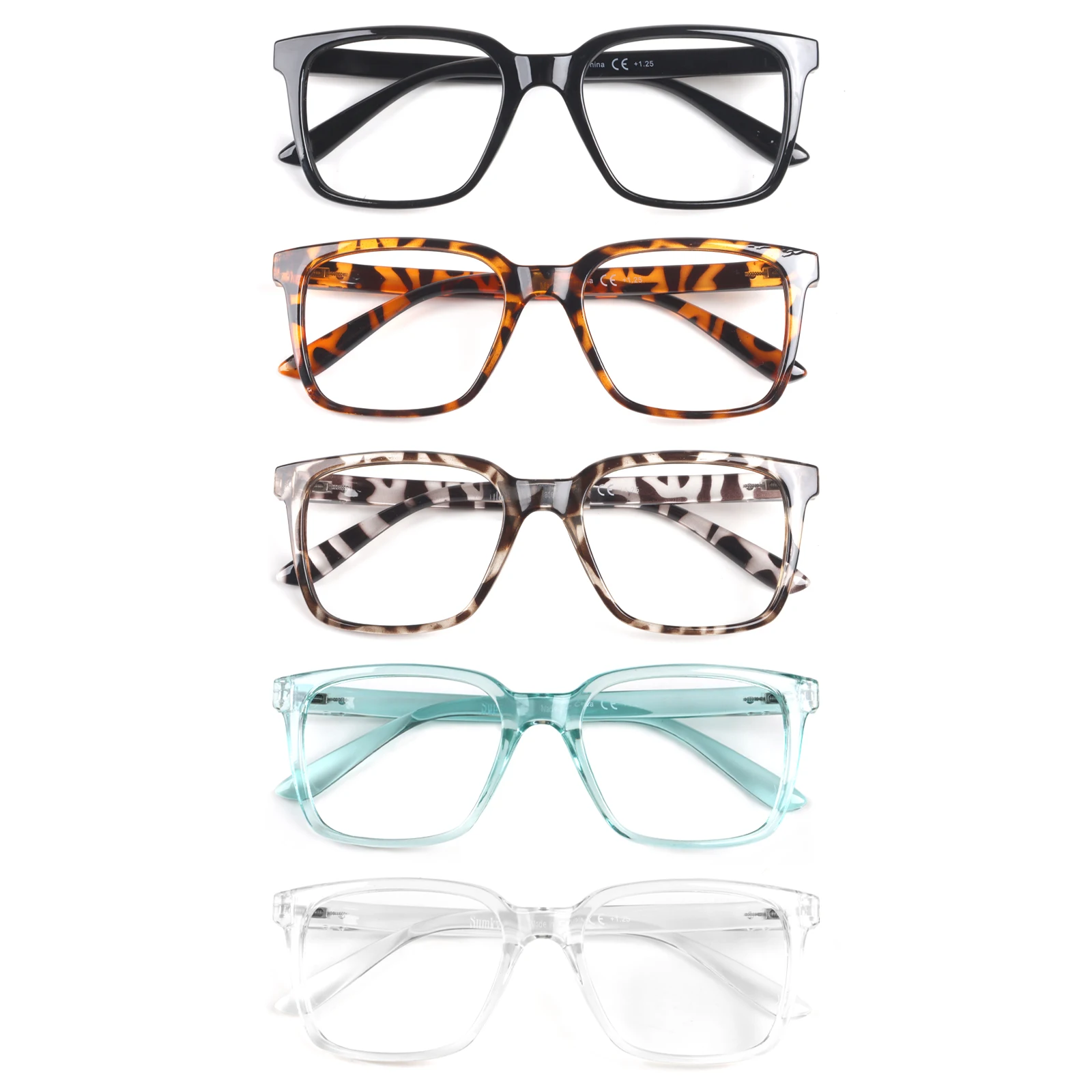 Boncamor 5 Pack Anti Blue Light Reading Glasses Unisex Square Frame Spring Hinge HD Clear Presbyopia Eyewear for Adults