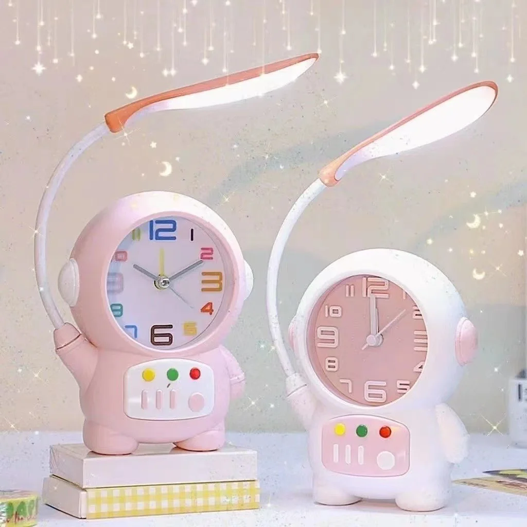 Astronaut Desk Lamp with Glowing Alarm Clock Cartoon Children Kids Reading Night Light Tabletop Clock Home Decorations