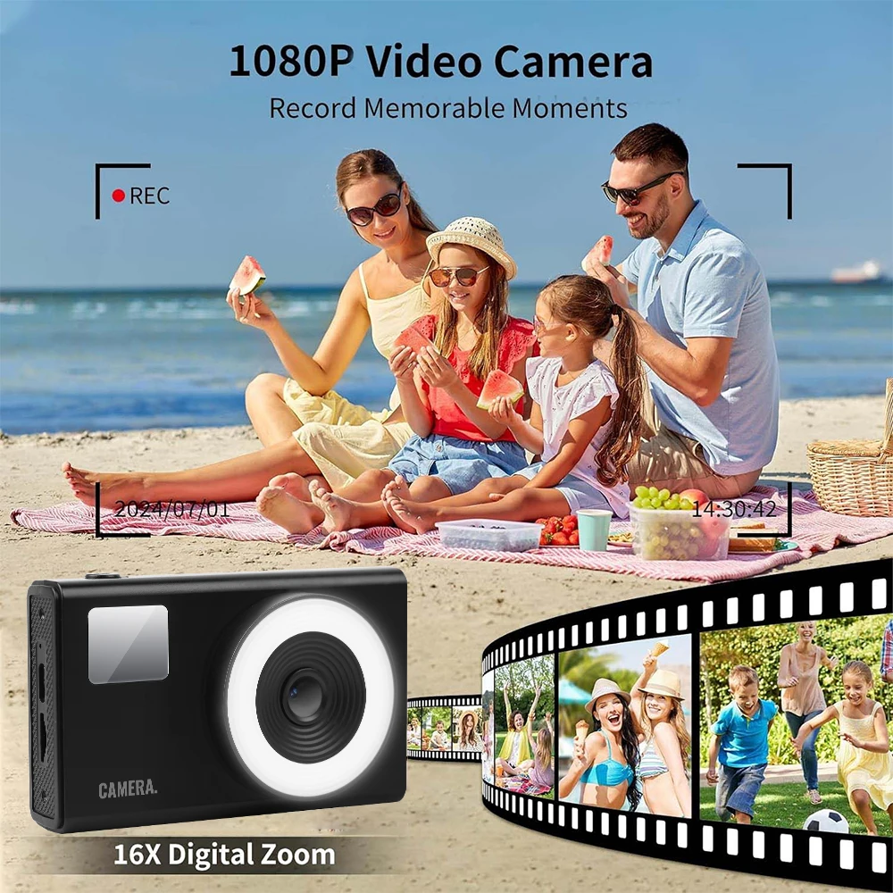 Câmera CCD com Ring Fill Light para crianças, brinquedos educativos, presentes de aniversário, cartão de 64GB, 44MP, vídeo 1080P