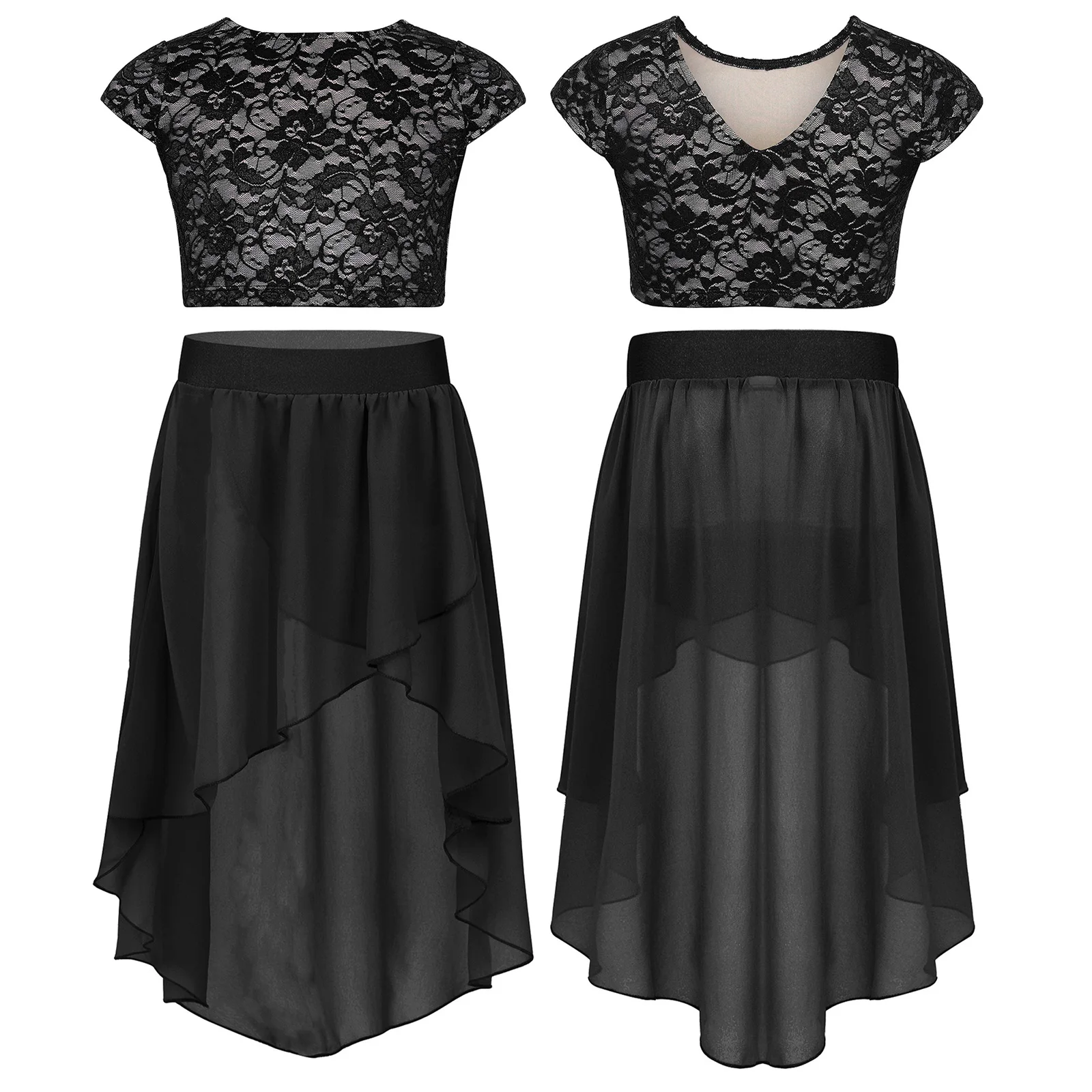 

Kids Girls Ballet Lyrical Sets Dance Performance Costume V-Back Floral Lace Crop Top with High-Low Chiffon Skirt Stage Dancewear