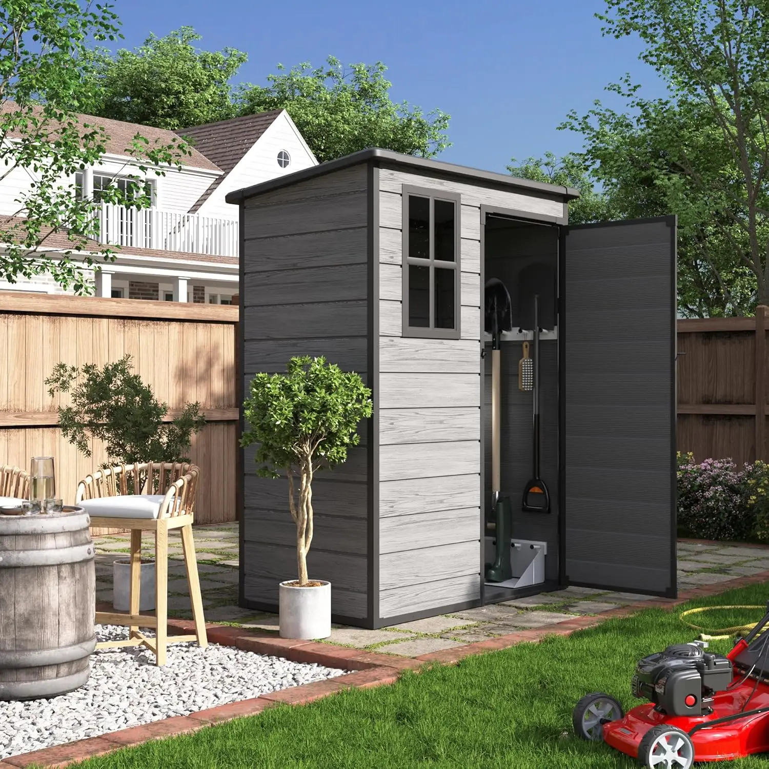 

5x3FT Outdoor Storage Shed Plastic Garden Bike Garbage Can Tool Resin Lockable Door Backyard Patio Lawn Customized
