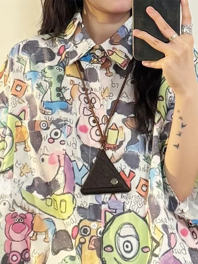 

American Retro Cartoon Graffiti Print Short Sleeve Shirt Women's Summer New Style College Style Design Sense Shirt