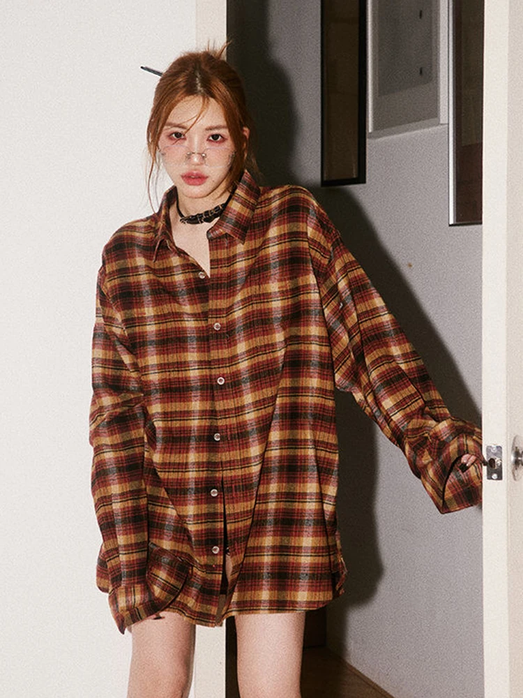 Camicie scozzesi Y2k da donna Camicetta a maniche lunghe oversize vintage Harajuku Streetwear Allentato Bf Retro Hop Casual Top Nuova primavera