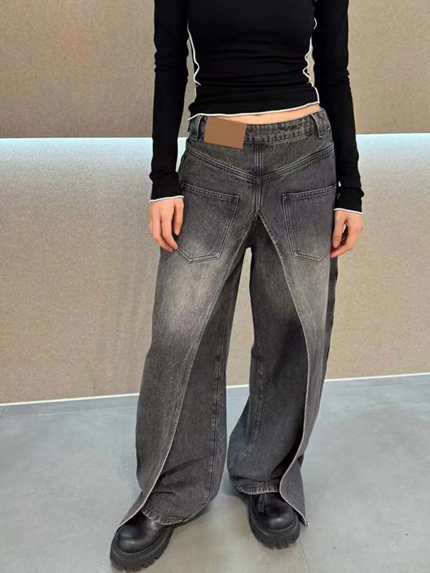 American High Street Design Sense Casual Wide Leg Jeans Women's Autumn Deconstructed Style Double Sided Wear Extended Length