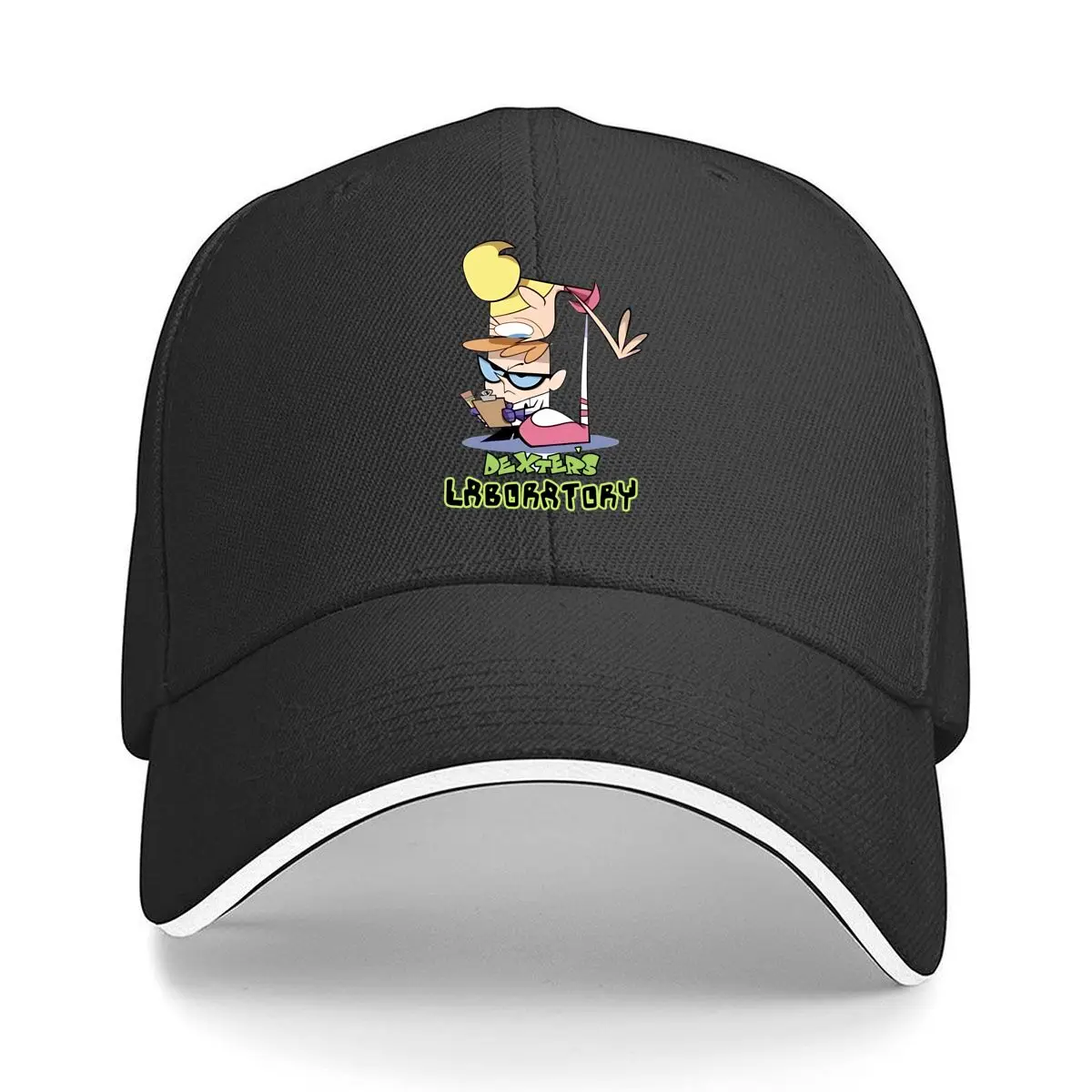 Gorra de béisbol tipo sándwich con estampado artístico de dibujos animados con símbolo audaz de Dexter Lab