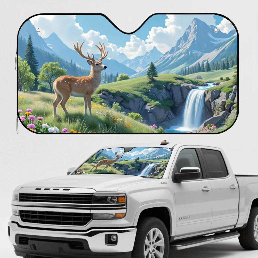 

1pc Deer In Paradise Car Sun Visor - Serene Mountain Landscape With Deer & Waterfall Design, Fit For All Vehicles, Quick Install