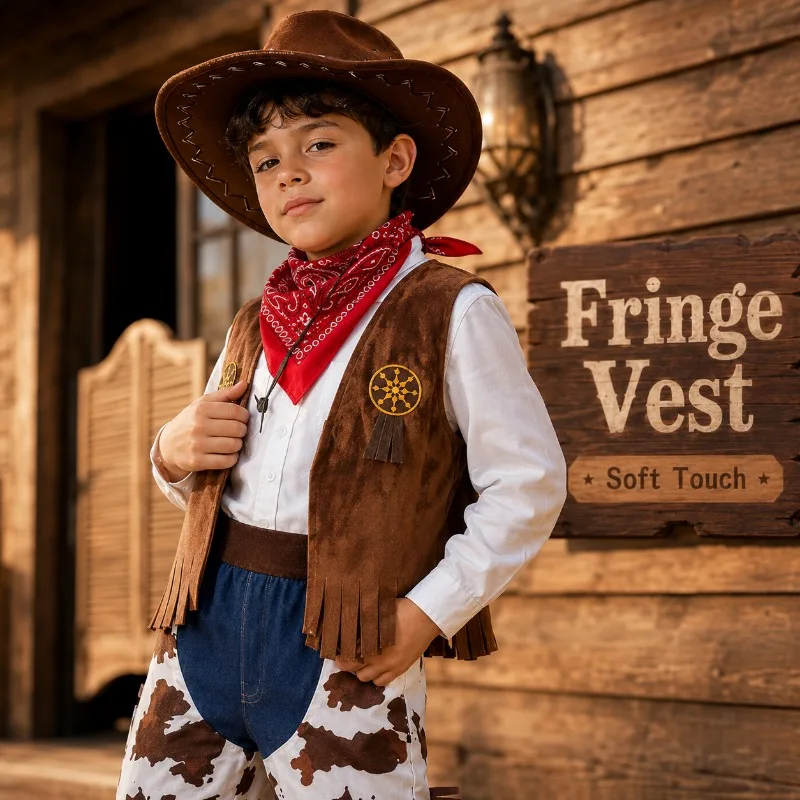 Kids Cowboy Costume Western Outfit for Boys Halloween Cosplay Party Fancy Dress Vest Pants Hat Bandana Set