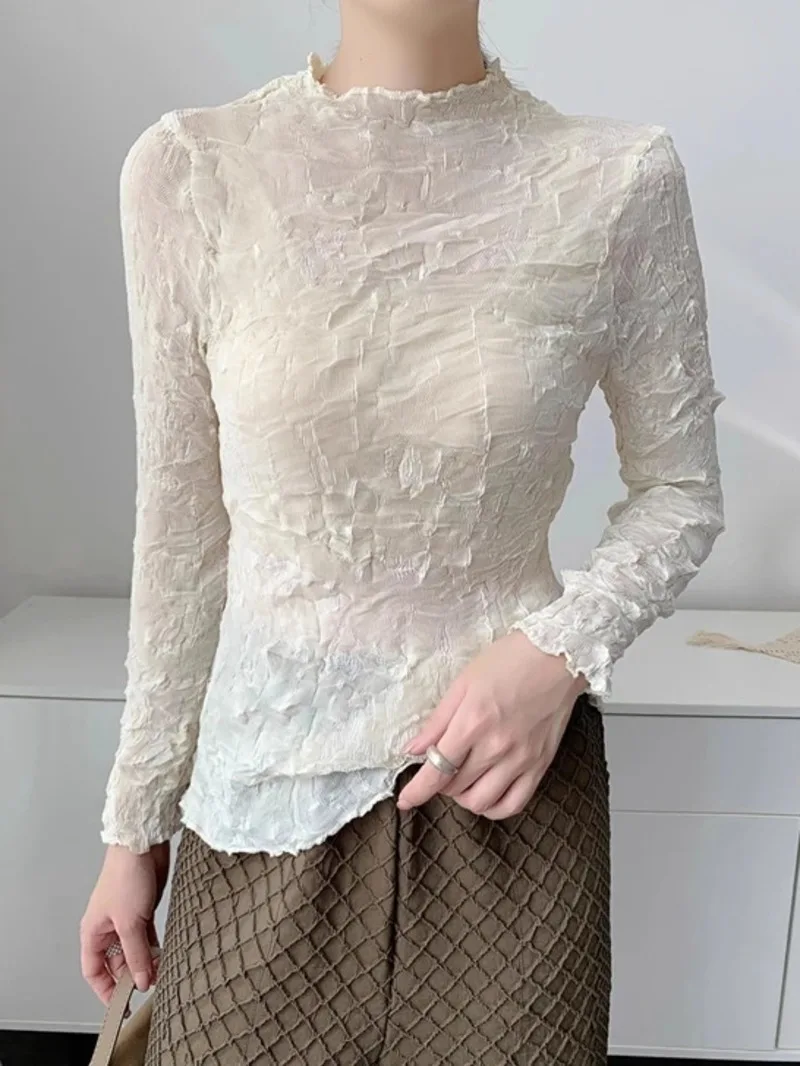 Lightweight High Women's Elastic Women's Long Sleeve T-shirt Stand Collar Slim Casual Semitransparent Pullover To 4N7E