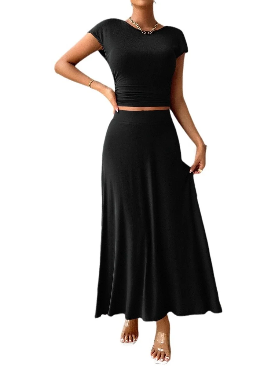 

Ele Slim Fit Color ort Sve Top And Skirt Set Faionable Two Piece Women's Clothing round Ne Pullover