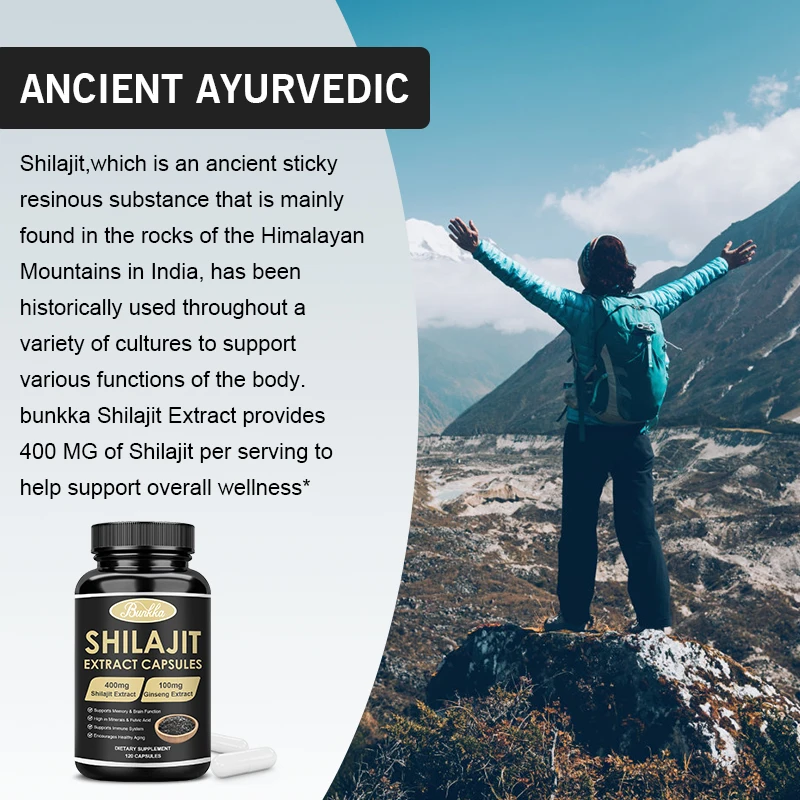 كبسولة شيلجيت أصلية 400 مل مع الجينسنغ وحمض البحري و85 + معادن تتبع للذاكرة ووظيفة الدماغ وصحة الجهاز المناعي