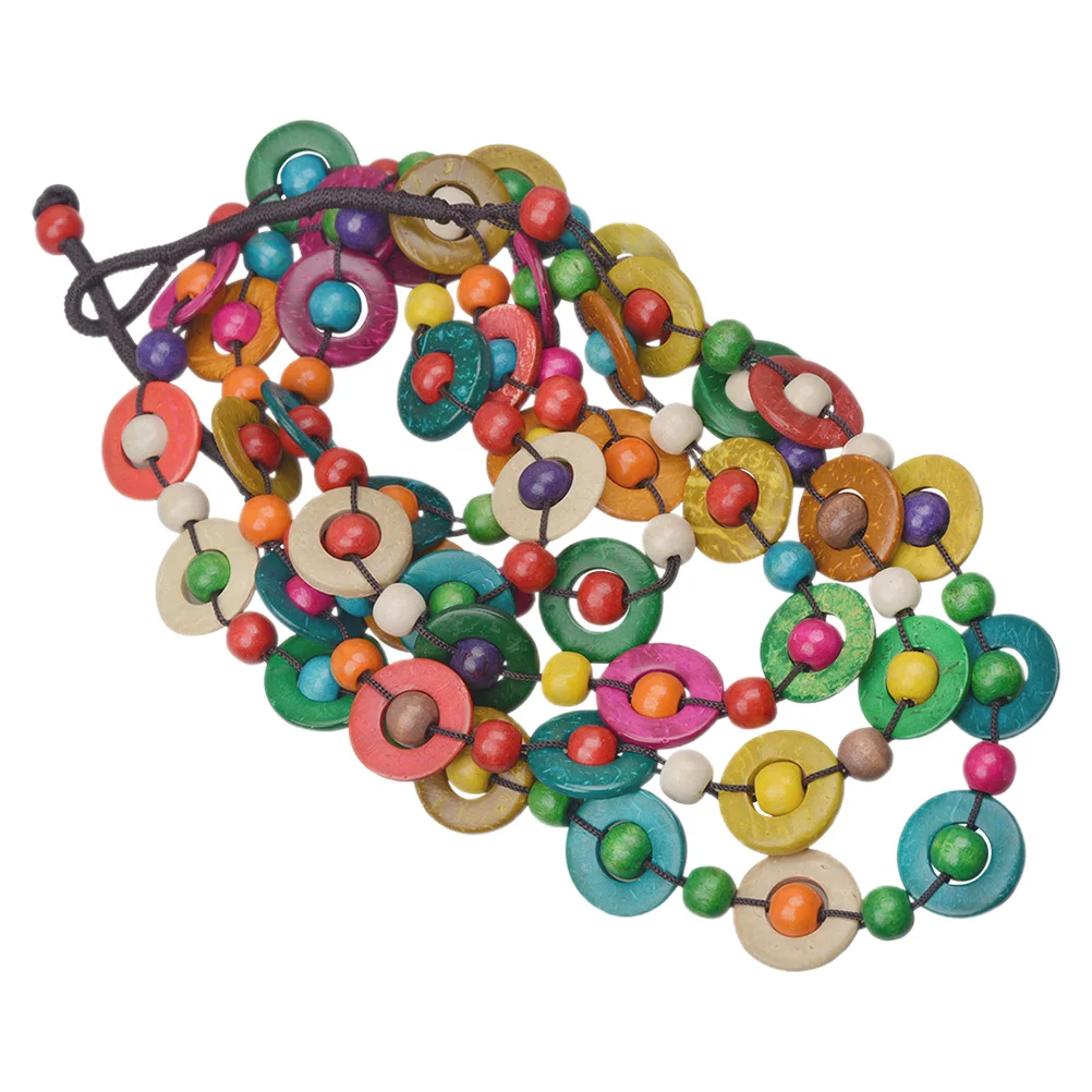 

Colorful Layered Wood Beaded Necklace with Coconuts Shell Bohemian Style for Women Ethnic Statement Fashion Jewelry