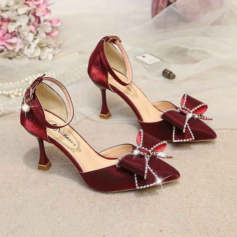 2024 Spring/Summer/Autumn New Pointed High Heels, Thin Heels, Shallow Mouth, One Line Buckle, Hollow Satin Bow Tie Women's Shoes