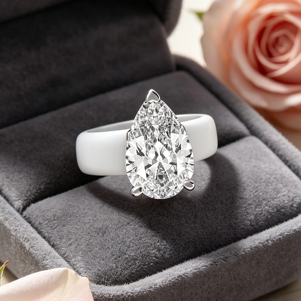 Minimalist White Silicone Tape Tear Drop CZ Ring, White K3 Claw CZ Ring, Create Elegant Party Statement Jewelry for Her