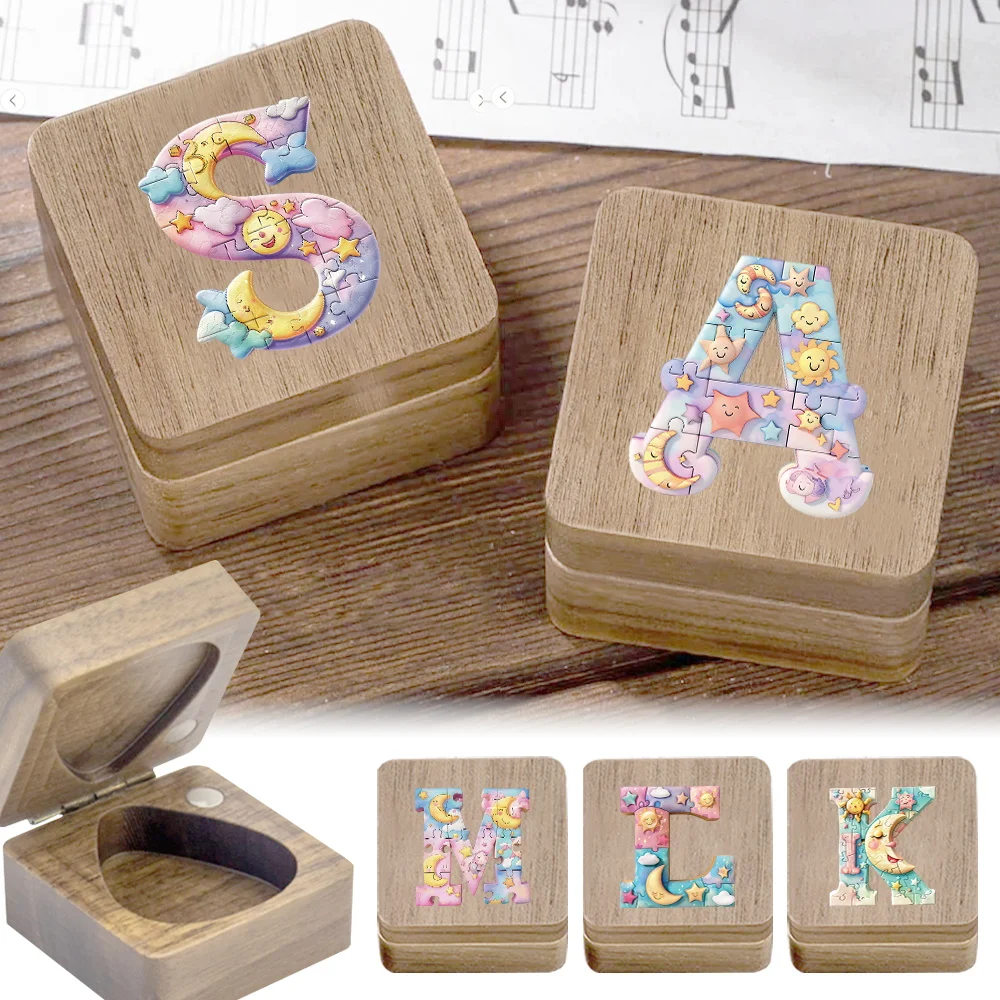 

1pc Wooden Guitar Pick Box Storage Case For Bass Ukulele Picks Saw Puzzle Portable Lightweight Initial Name 26 Letters Pattern