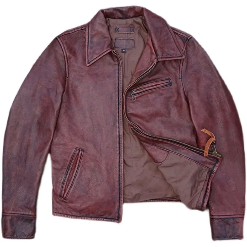 

Leather for Men Genuine Cowhide Red Brown 1930s Motorcycle Cafe Racer Winter Autumn Wear