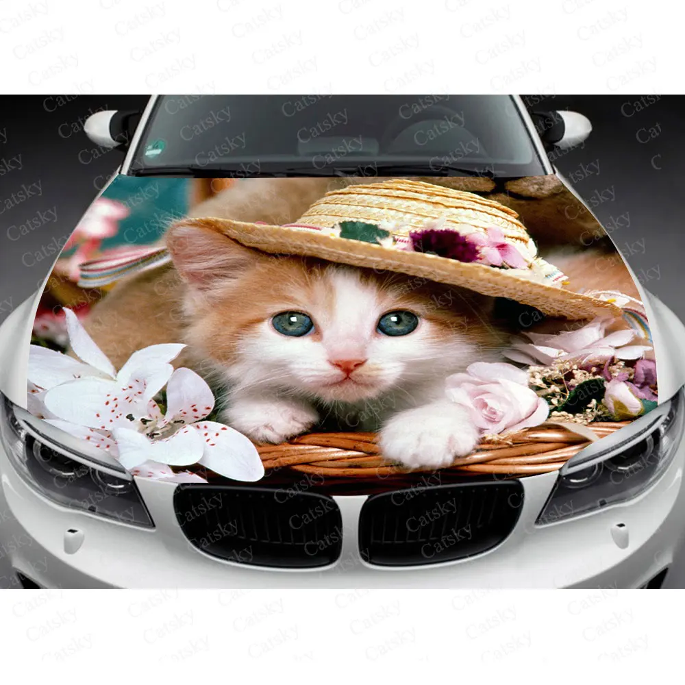 Animals Cute Cat Car Hood Wrap Decal Vinyl Sticker Full Color Graphic Car Sticker Custom Size and Image Fit Any Car