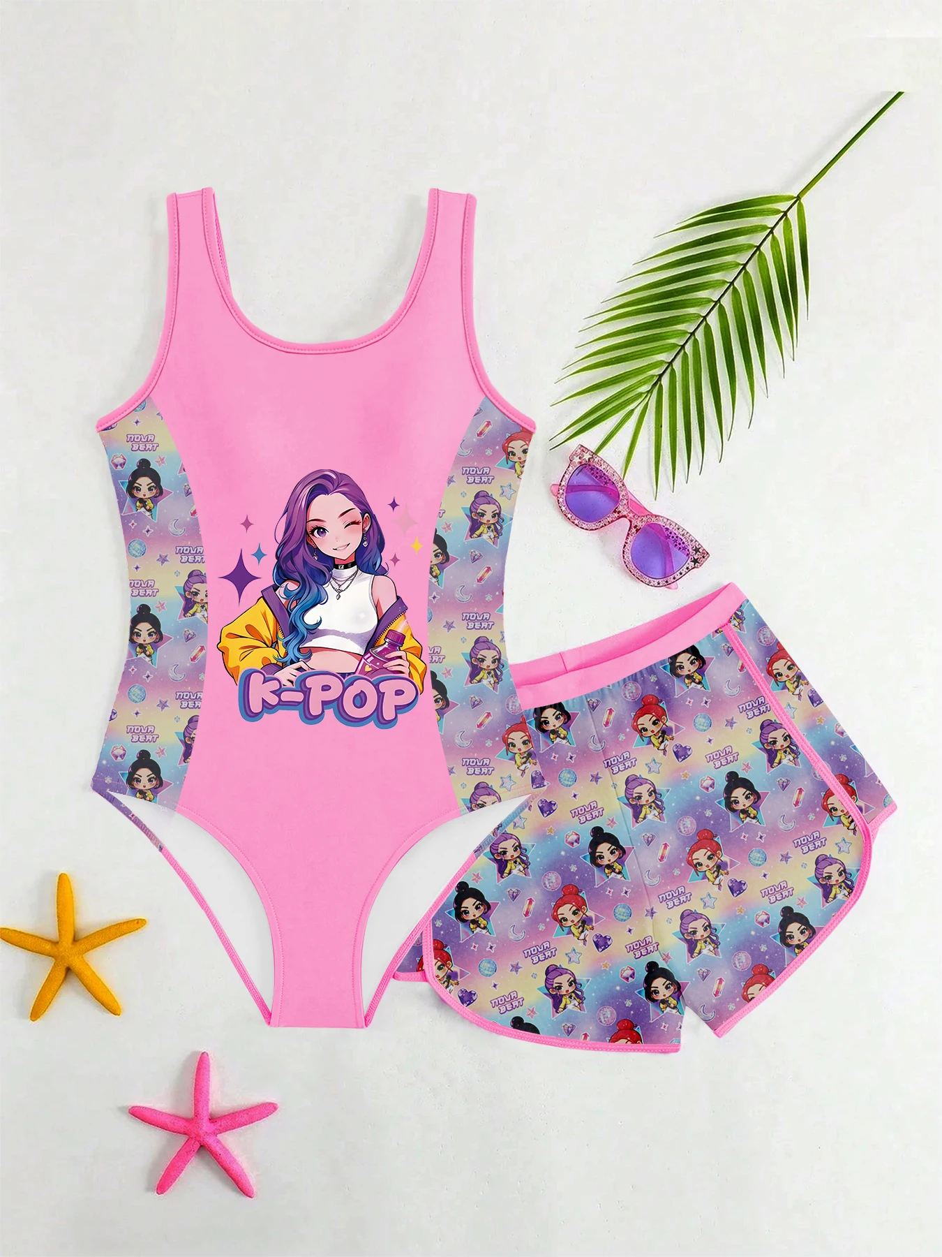 Süßer und cooler zweiteiliger Badeanzug für Mädchen, Farbverlauf in Rosa und Lila mit Cartoon-Idol-Print, Badebekleidung im Tank-Top-Stil mit Shorts – Detail 1