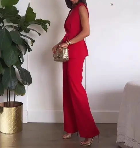 2025 جمبسوت طويل أنيق ومثير للنساء جديد بدون أكمام وحزام مستقيم الساق