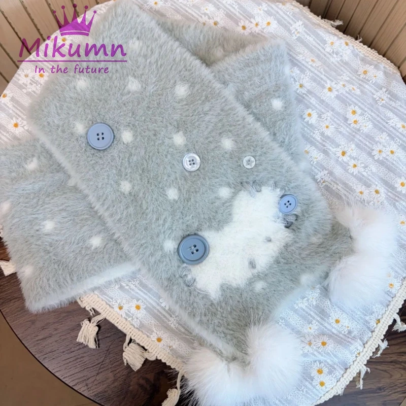 Mikumn harajuku bonito dos desenhos animados gato cachecol de pelúcia japonês y2k feminino meninas inverno quente dupla face malha longo cachecol streetwear