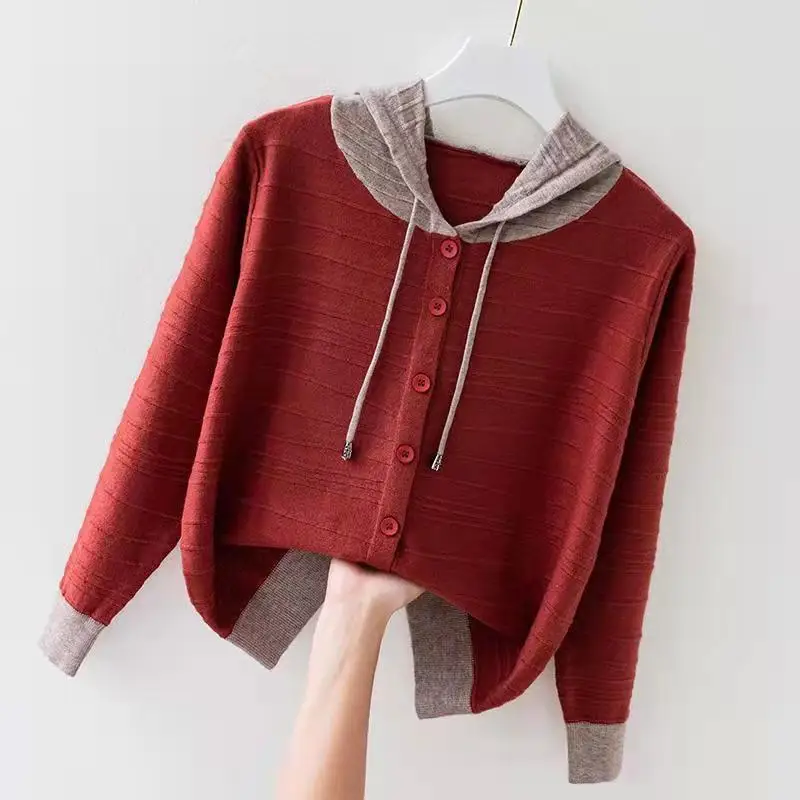 Hooded Knitted Cardigan for Women Loose and Stylish Thin with a Hat Short Sweater Jacket Top