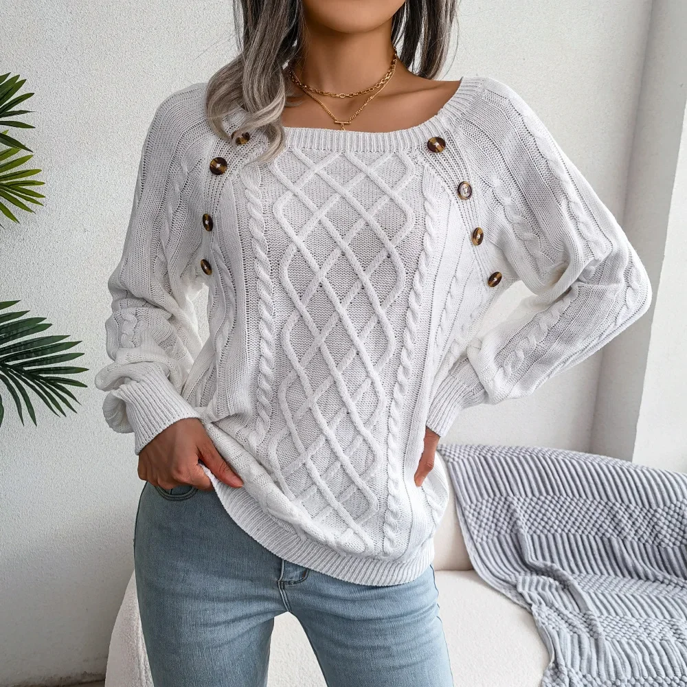 

Autumn Solid Sweater Clothing Casual Square Neck Button Twist Knitted Pullover Fashion Long Sleeve White Tops Women Jumper 23721