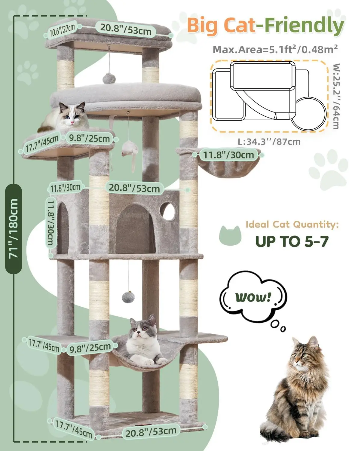 Indoor Cat Tree for Large Cats in Light Gray, Made of Durable Material, 3 Giant Perches, 9 Scratching Posts, Hammock & Basket
