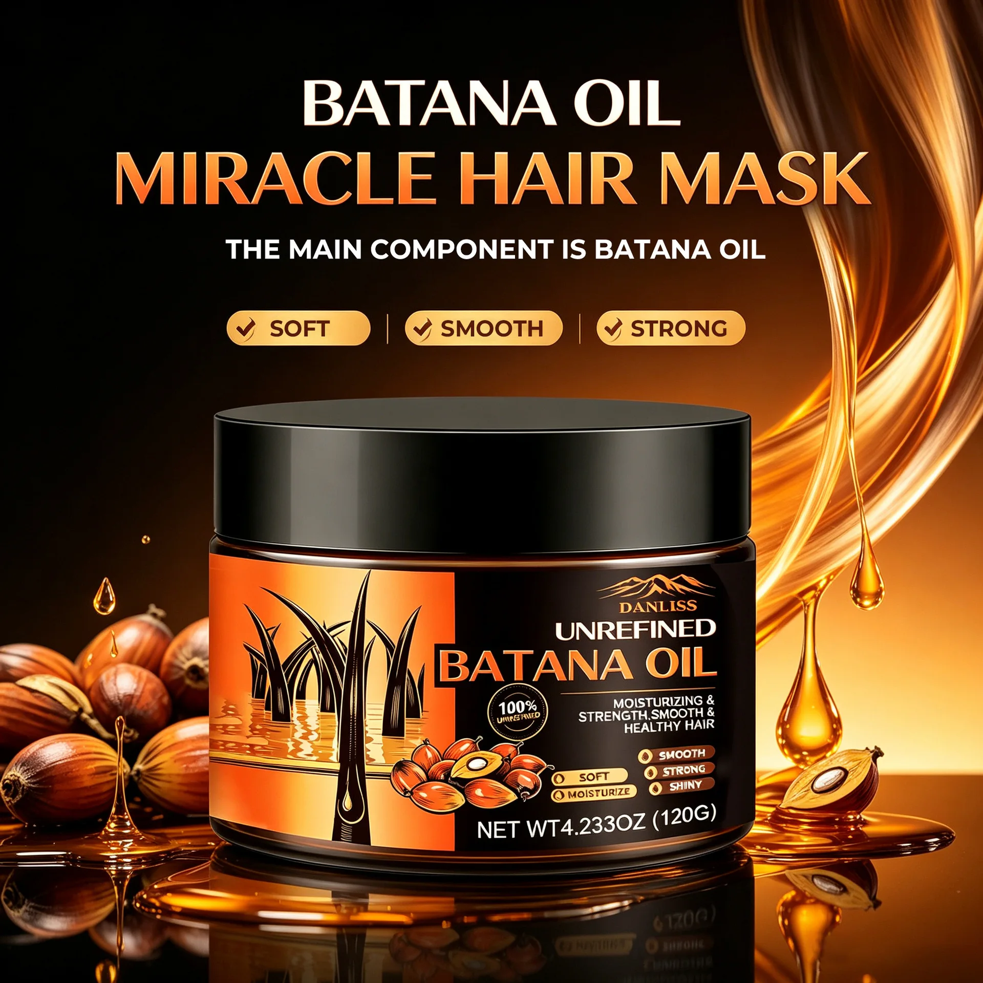 100% Unrefined Batana Oil Miracle Hair Mask, Moisturizing & Strengthening, Smooth & Healthy Hair Treatment, Soft.
