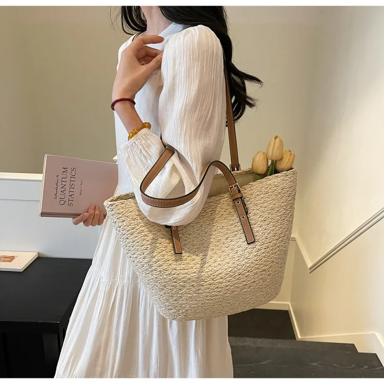 

Handmade Straw Tote Bag for Women Large Capacity Drawstring Closure Beach Shoulder Purse Summer Holiday Travel Woven Shopper