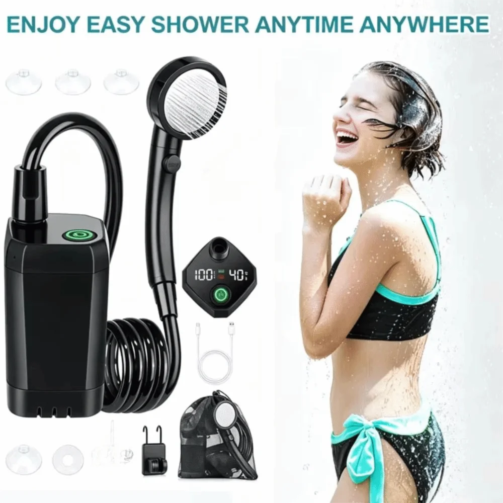 6000mAh Portable Camping Shower Dual Speed Mode Intelligent LED Display Outdoor Shower Set Waterproof Quiet Electric Shower Pump