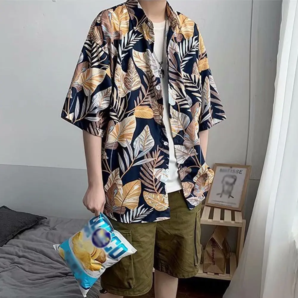 레트로 하와이 스타일 티셔츠 반팔 꽃 프린트 커플 의류 티셔츠 v 넥 다채로운 남여 꽃 블라우스 휴가