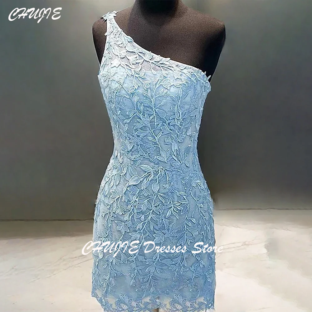 

Light Blue One Shoulder Appliques Graduation Dress Mermaid Mini Customized Cocktail Dresses Homecoming Dress Wedding Prom Gowns